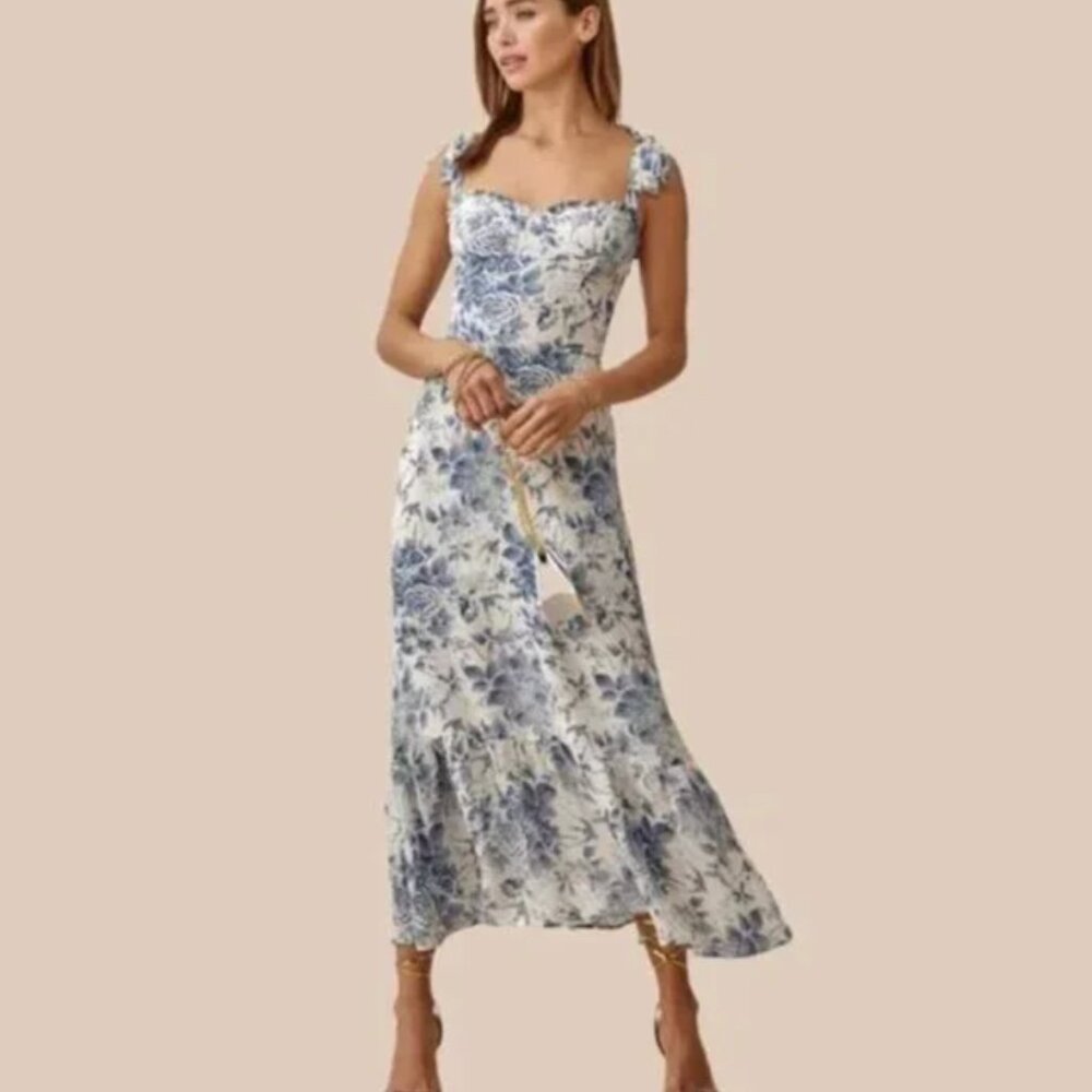 NEW Reformation Nikita Midi Dress in Olympia print blue white floral 6 - Picture 2 of 9